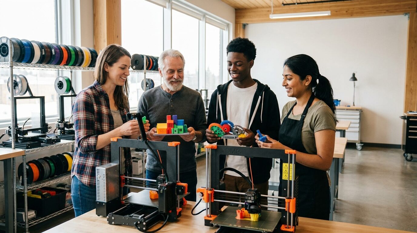 A diverse group of Canadian makers examining colorful 3D-printed parts around desktop printers in a bright workshop
