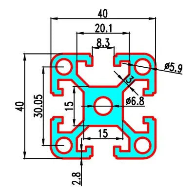 4040 T-Slot Extrusion 40 Series - 40mm X 40mm X 2.5 m - 15mm Centre Web - Black