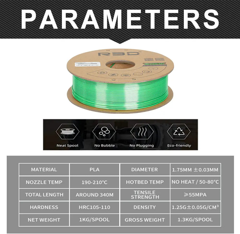 Black/Green- R3D Dual Colour Silk PLA Magic Filament - 1.75mm, 1kg R3D