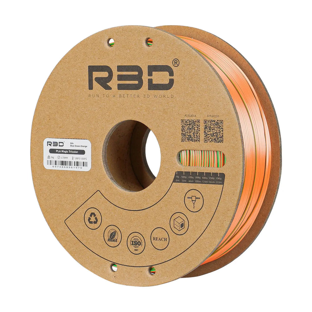 Blue/Green/Orange - R3D Tri Colour Silk Magic PLA Filament - 1.75mm, 1kg R3D
