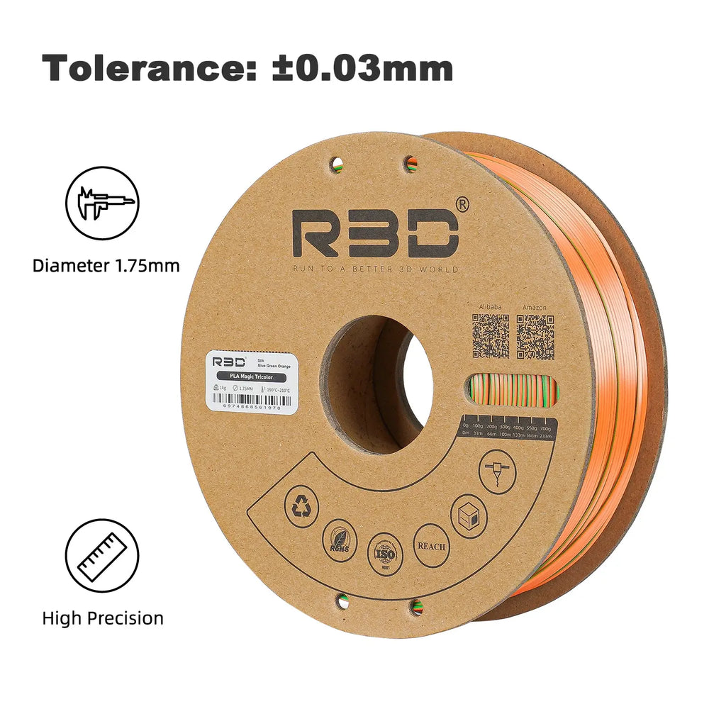 Blue/Green/Orange - R3D Tri Colour Silk Magic PLA Filament - 1.75mm, 1kg R3D