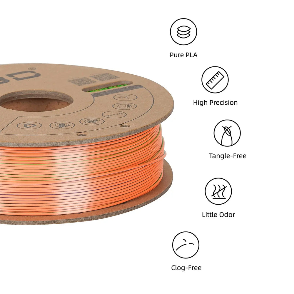 Blue/Green/Orange - R3D Tri Colour Silk Magic PLA Filament - 1.75mm, 1kg R3D