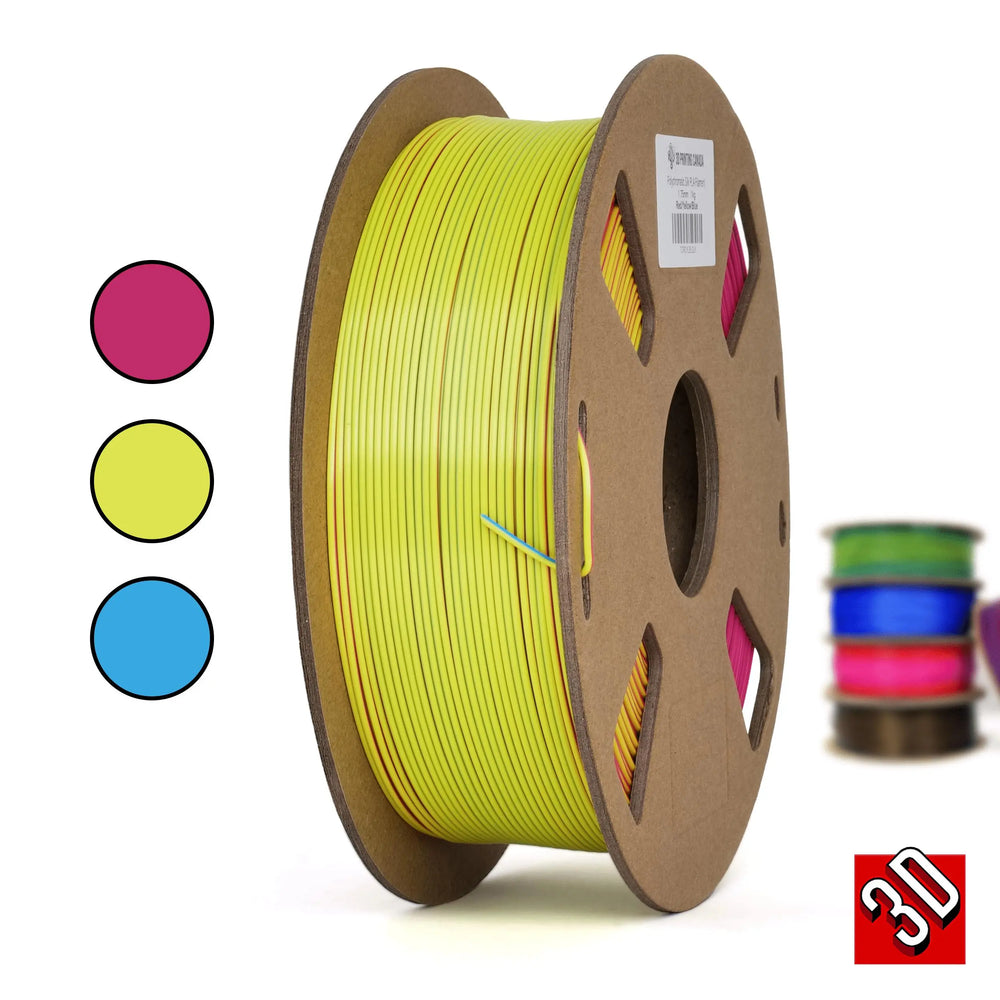 Rojo/Amarillo/Azul - Filamento PLA Seda Tricolor Policromático - 1.75mm, 1 kg