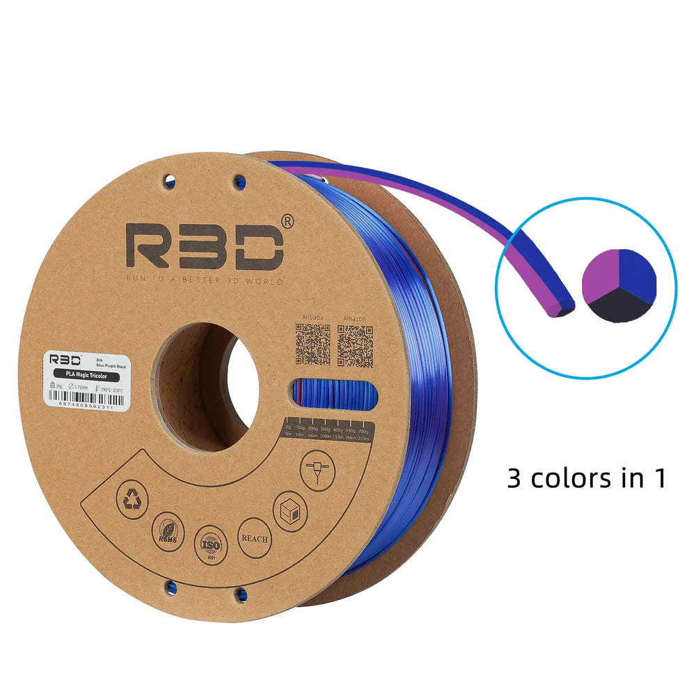 Blue/Purple/Black - R3D Tri Colour Magic Silk PLA Filament - 1.75mm, 1kg R3D