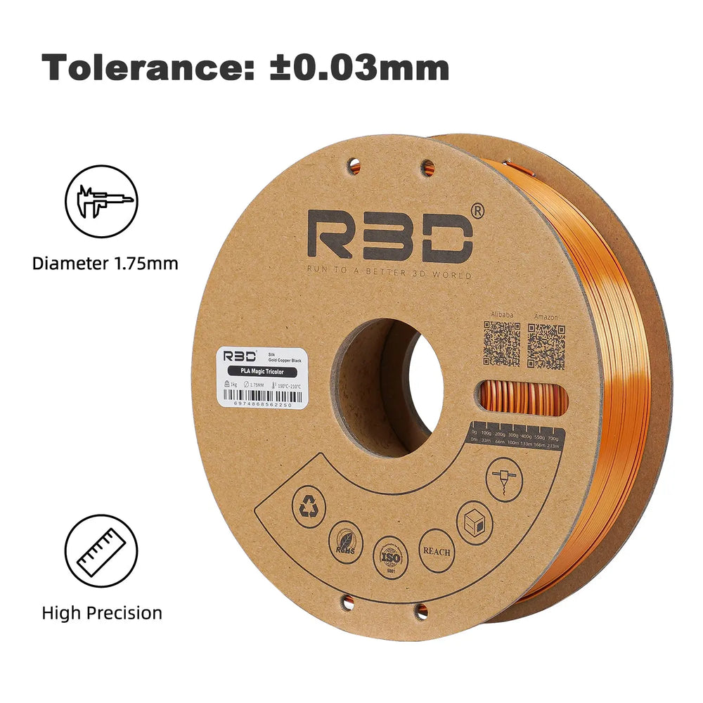 Gold/Copper/Black - R3D Tri Colour Magic Silk PLA Filament - 1.75mm, 1kg R3D