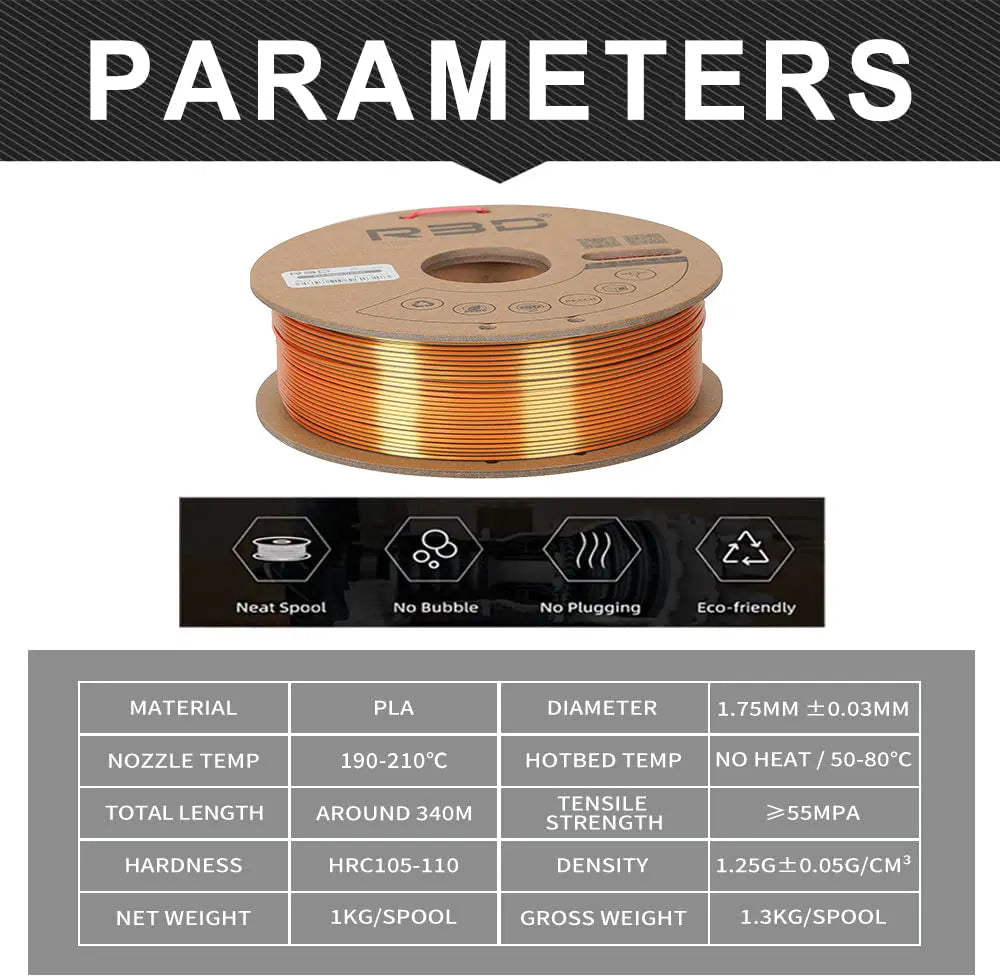 Gold/Copper/Black - R3D Tri Colour Magic Silk PLA Filament - 1.75mm, 1kg R3D