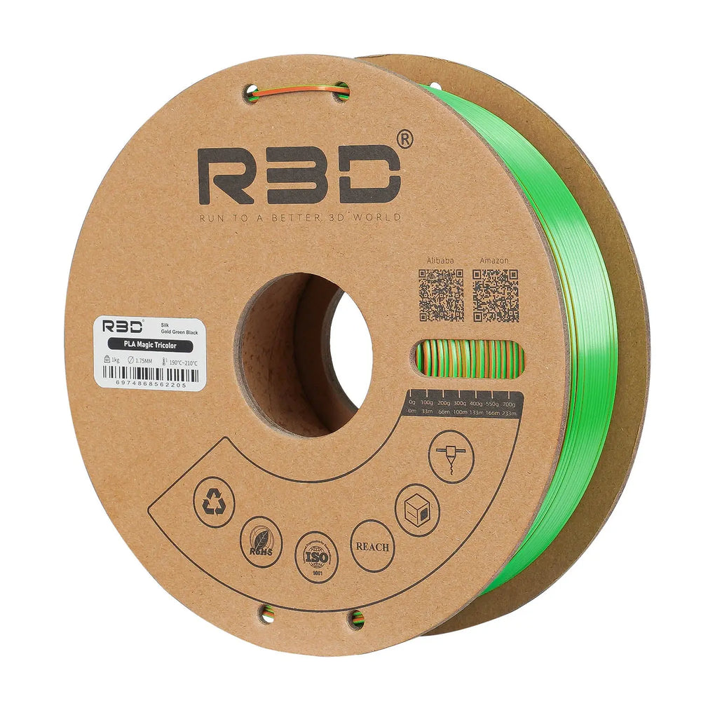 Gold/Green/Black - R3D Tri Colour Magic Silk PLA Filament - 1.75mm, 1kg R3D