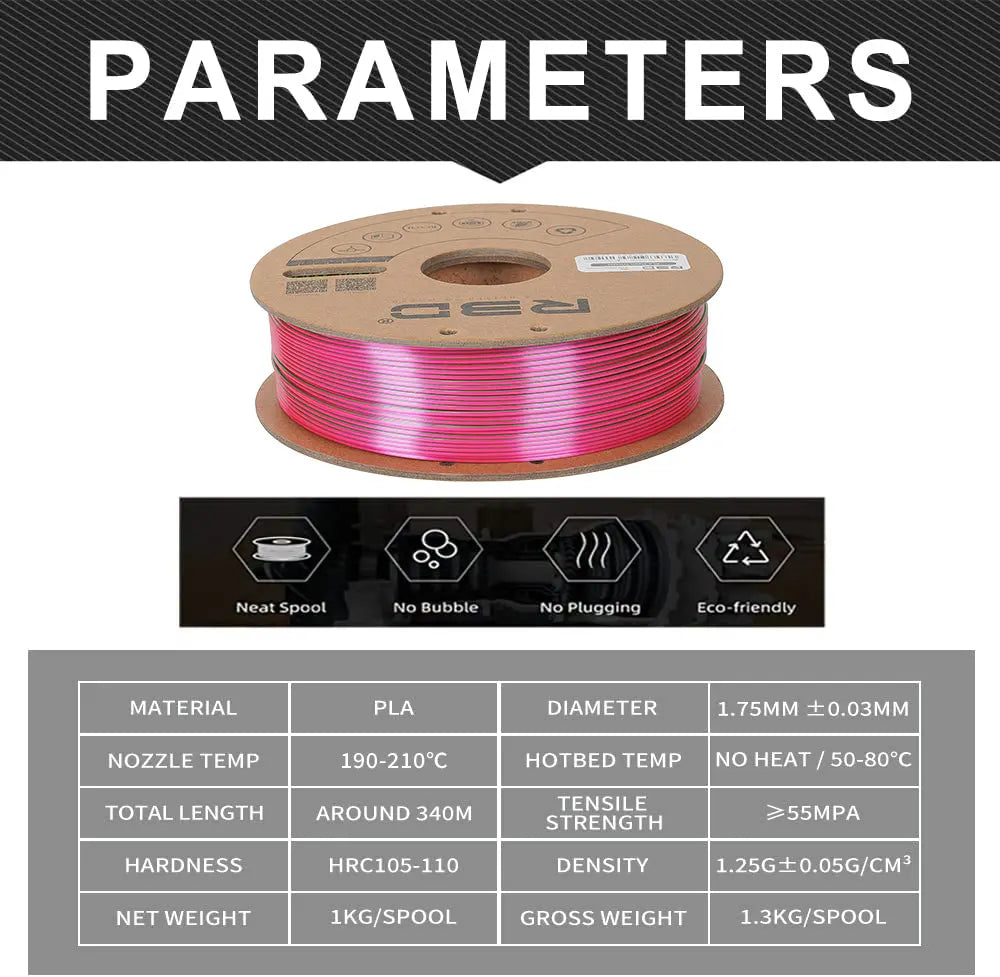 Gold/Green/Fuchsia - R3D Tri Colour Magic Silk PLA Filament - 1.75mm, 1kg R3D