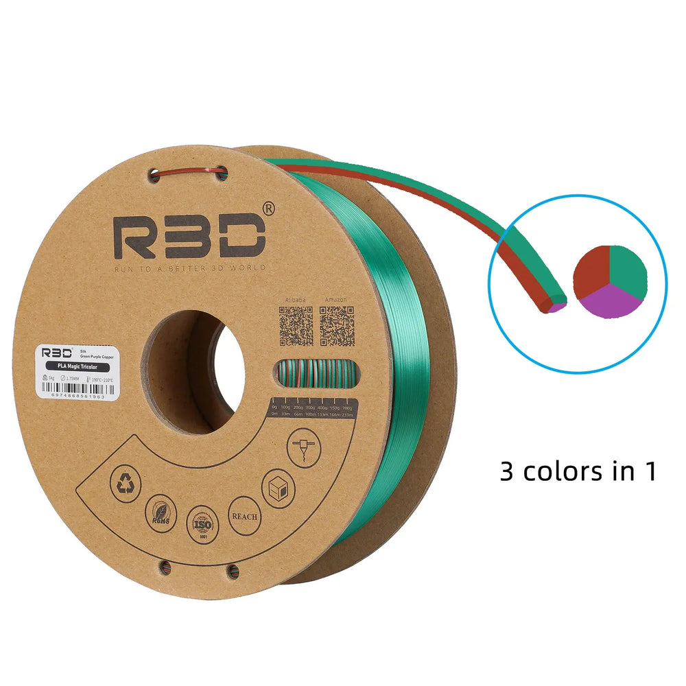 Green/Purple/Copper - R3D Tri Colour Magic Silk PLA Filament - 1.75mm, 1kg R3D