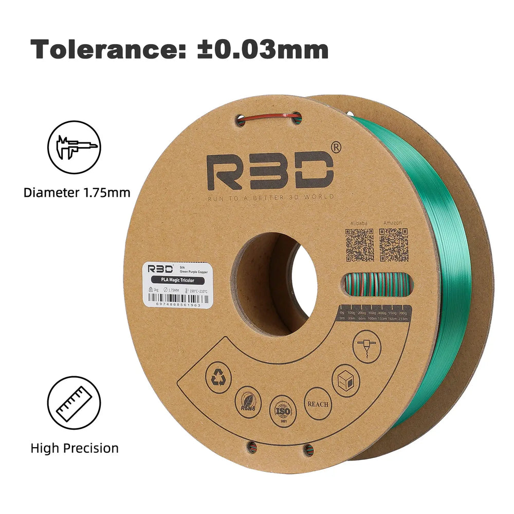 Green/Purple/Copper - R3D Tri Colour Magic Silk PLA Filament - 1.75mm, 1kg R3D
