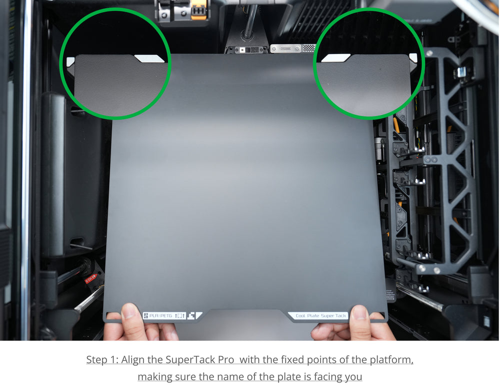 Step 1: Align the plate with the fixed points of the platform with the name of the plate facing you