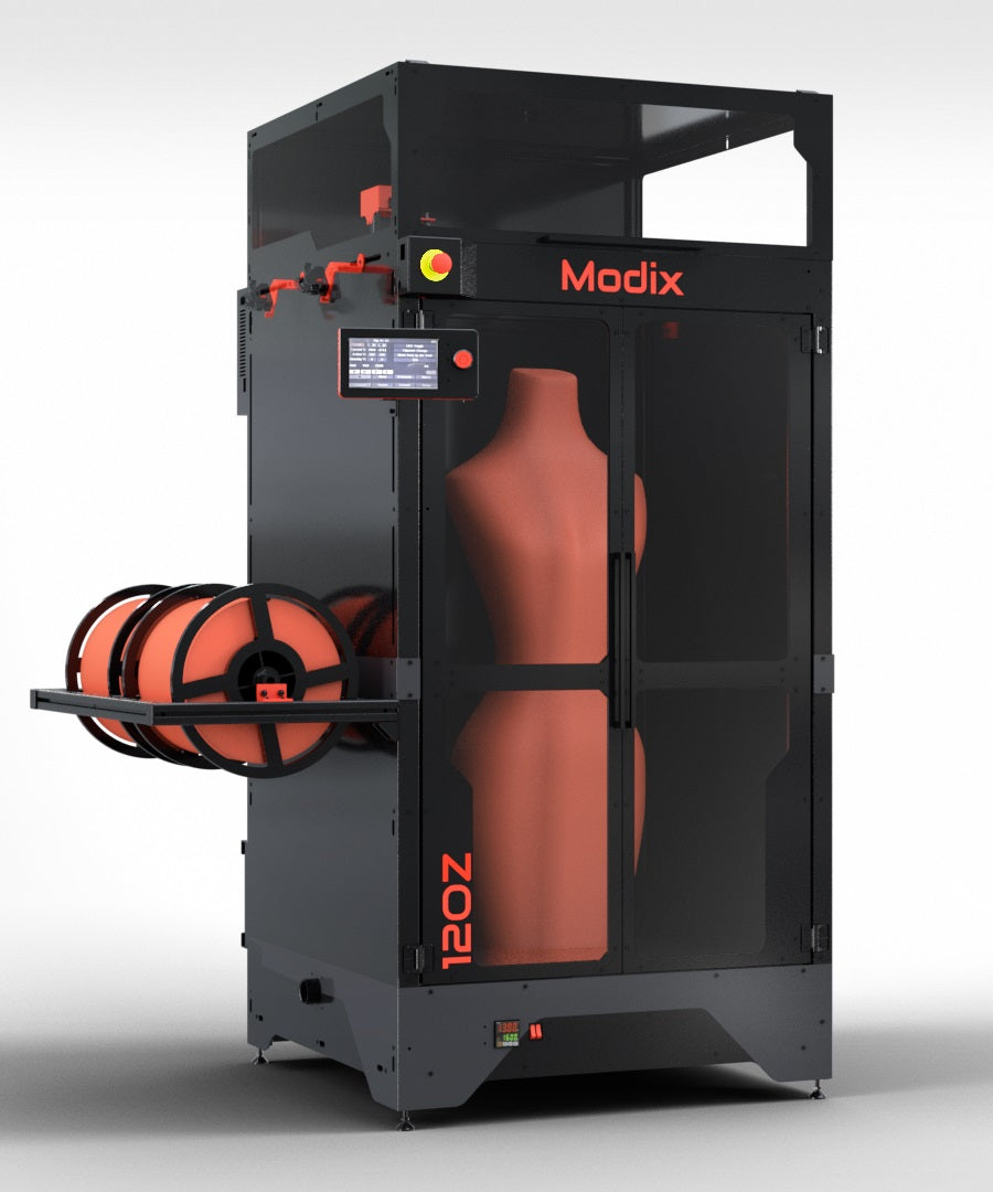 Modix BIG-120Z tall large-format 3D printer with a full-size mannequin torso on the bed