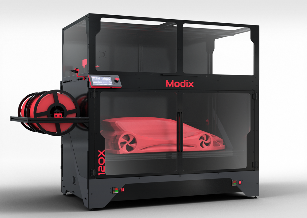 Modix BIG-120X large-format 3D printer with a full-size car model on the bed