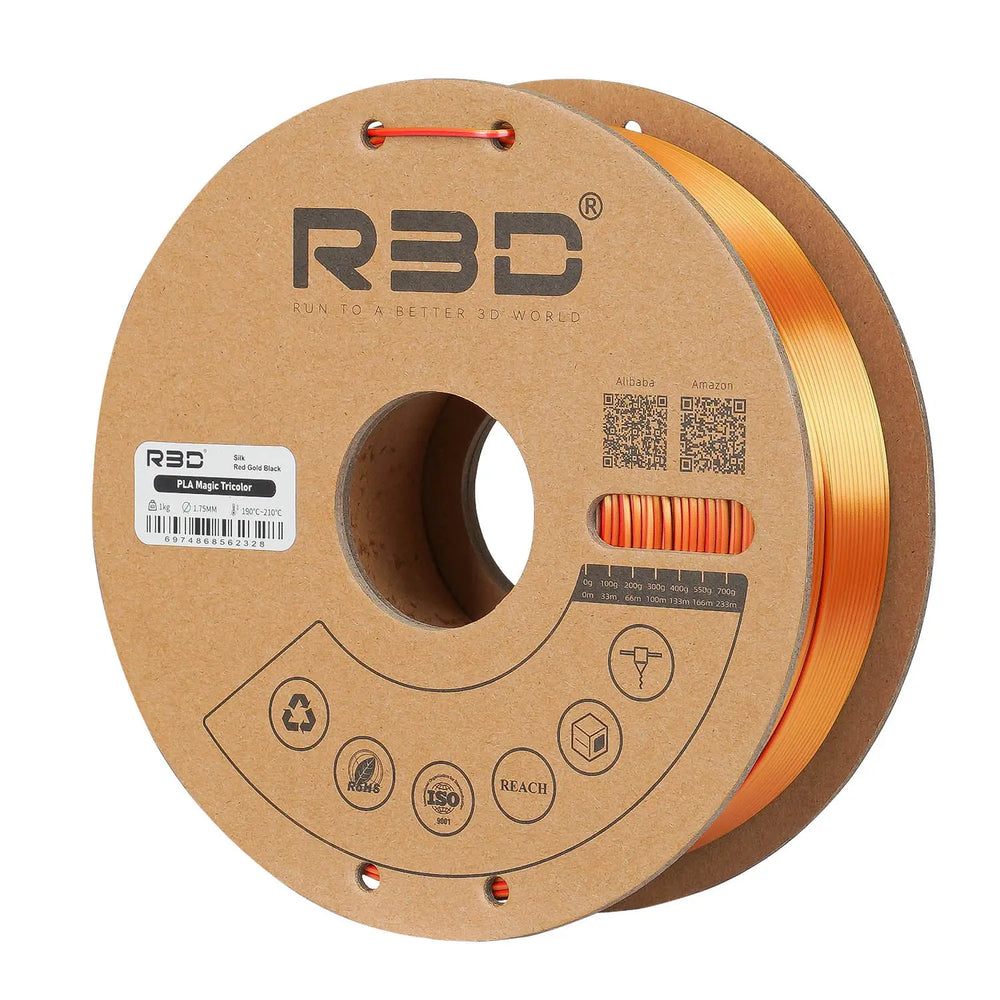 Red/Gold/Black - R3D Tri Colour Magic Silk PLA Filament - 1.75mm, 1kg R3D
