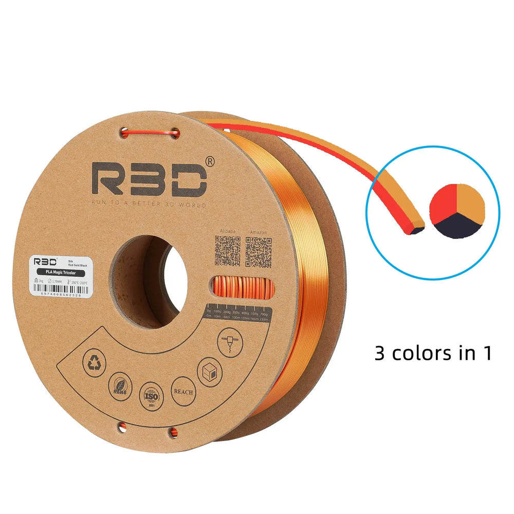 Red/Gold/Black - R3D Tri Colour Magic Silk PLA Filament - 1.75mm, 1kg R3D