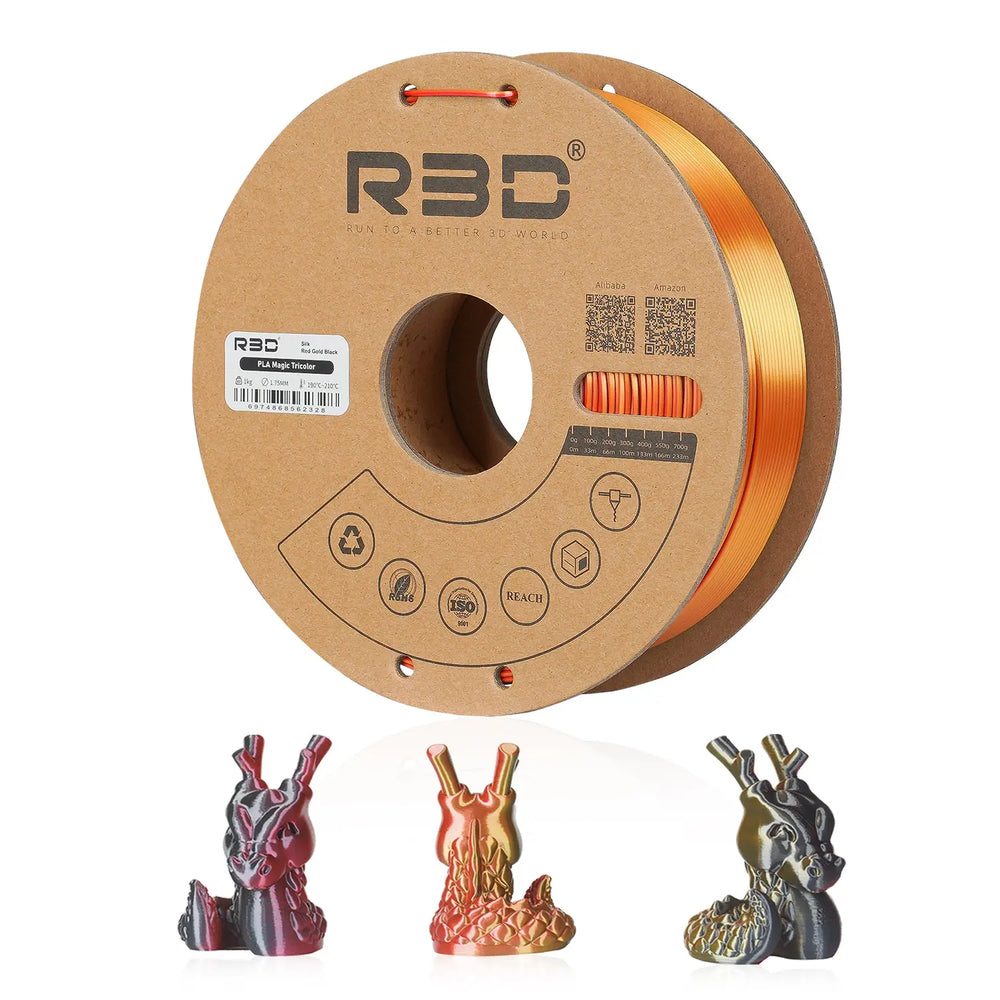 Red/Gold/Black - R3D Tri Colour Magic Silk PLA Filament - 1.75mm, 1kg R3D