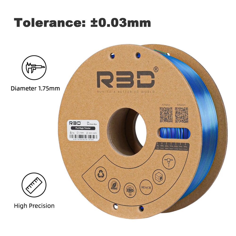 Red/Green/Blue - R3D Tri Colour Silk Magic PLA Filament - 1.75mm, 1kg R3D
