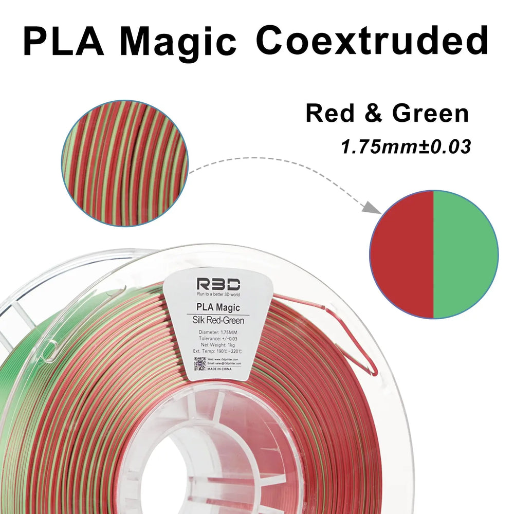 Red/Green - R3D Dual Colour Silk PLA Magic Filament - 1.75mm, 1kg R3D