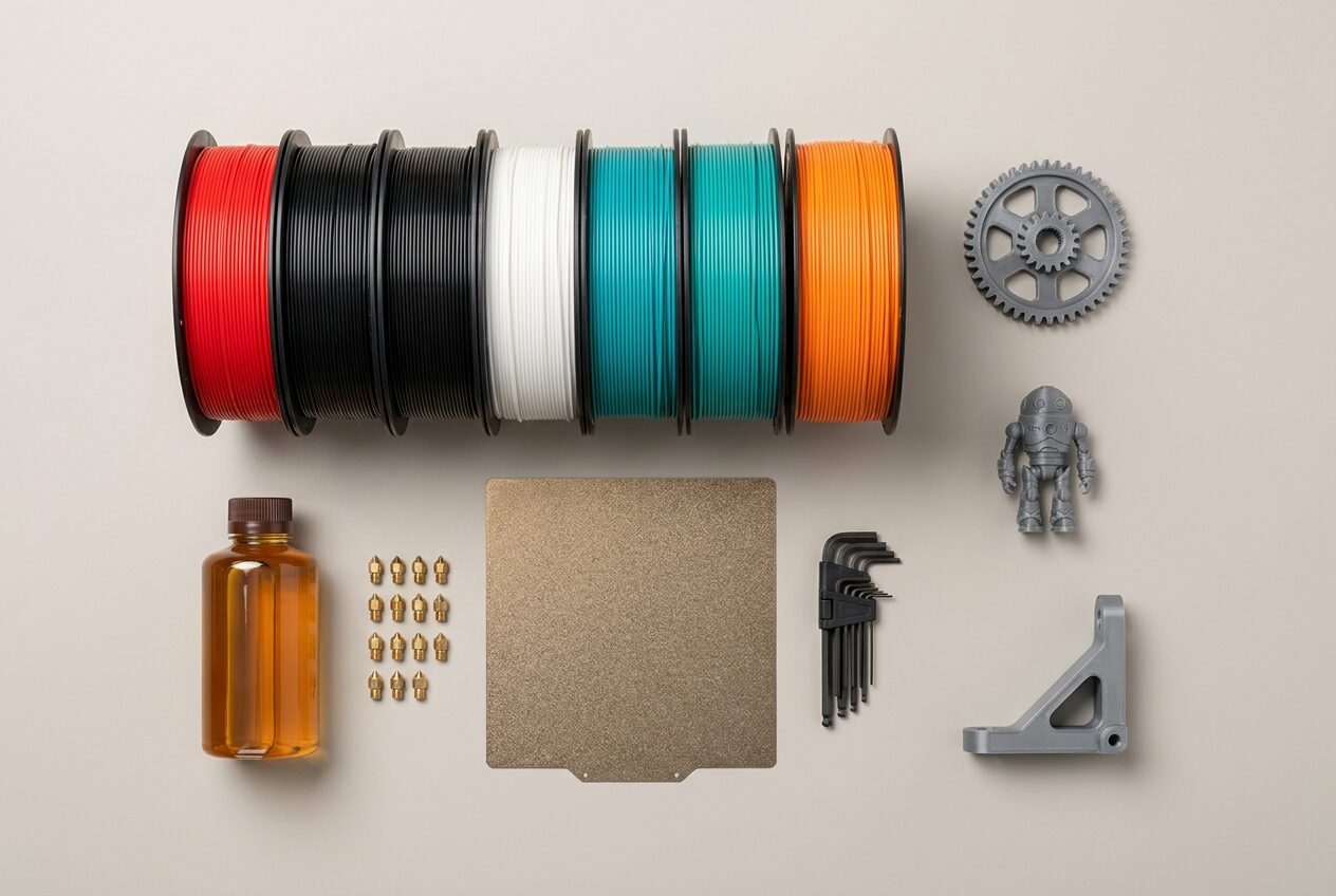 Flat-lay of colorful filament spools, resin, brass nozzles, a build plate, tools, and 3D-printed parts